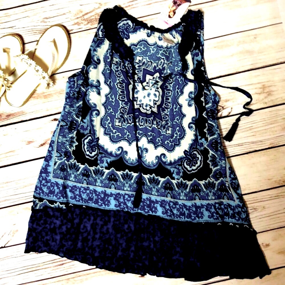 NWT Bohemian Multiple Print Blue Print Blouse Tunic Top by Bila